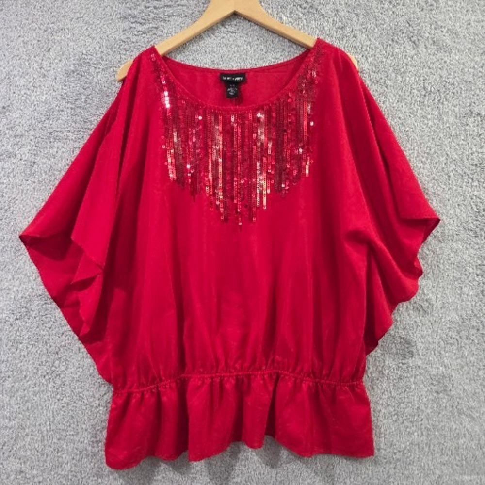 Lane Bryant Blouse Women's 18/20 Red Sequin Cold Shoulder Peplum Flutter Sleeve